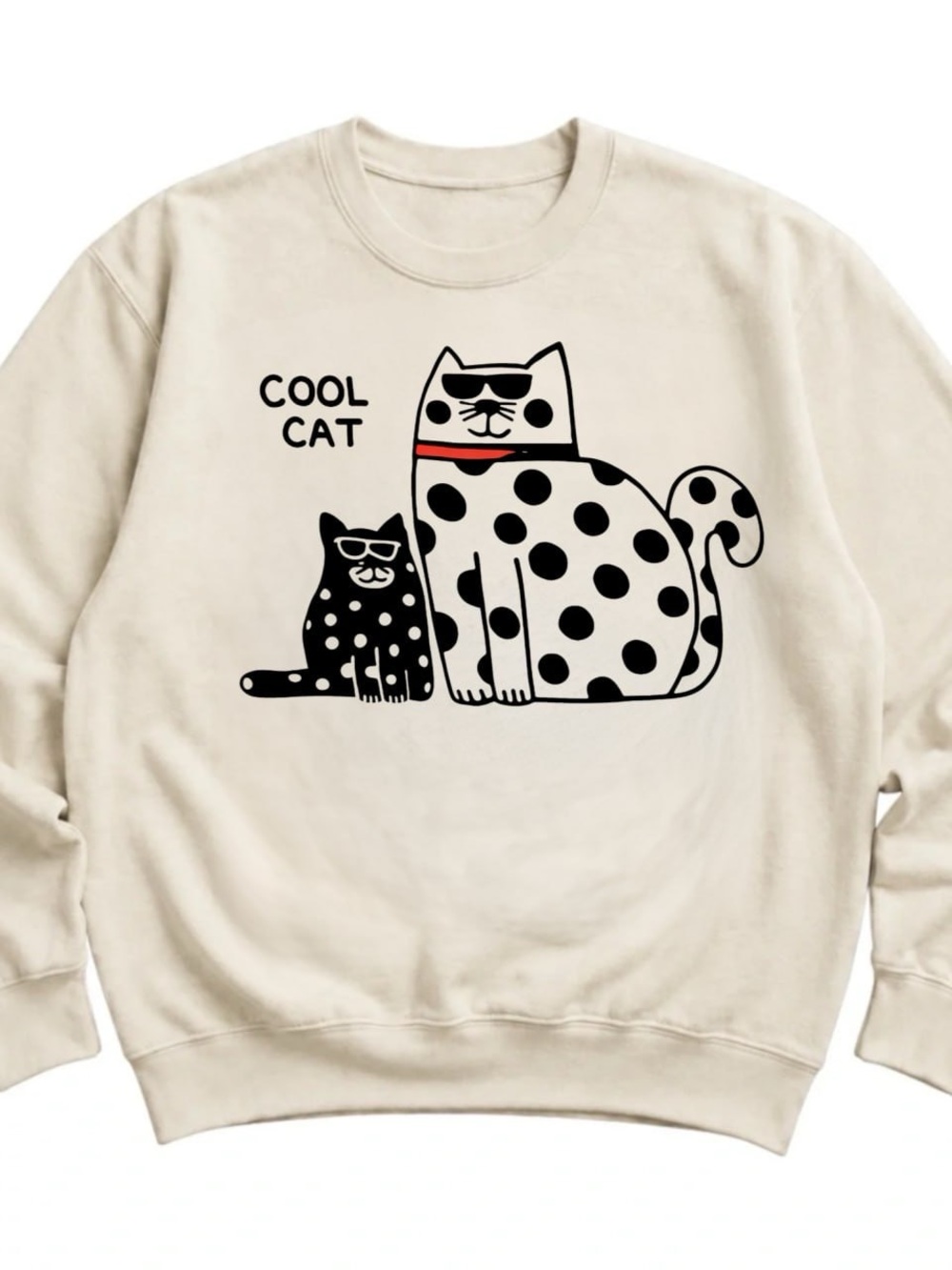 Cream Sweatshirt with Black Cool Cat Graphic and Red Collar Accent
